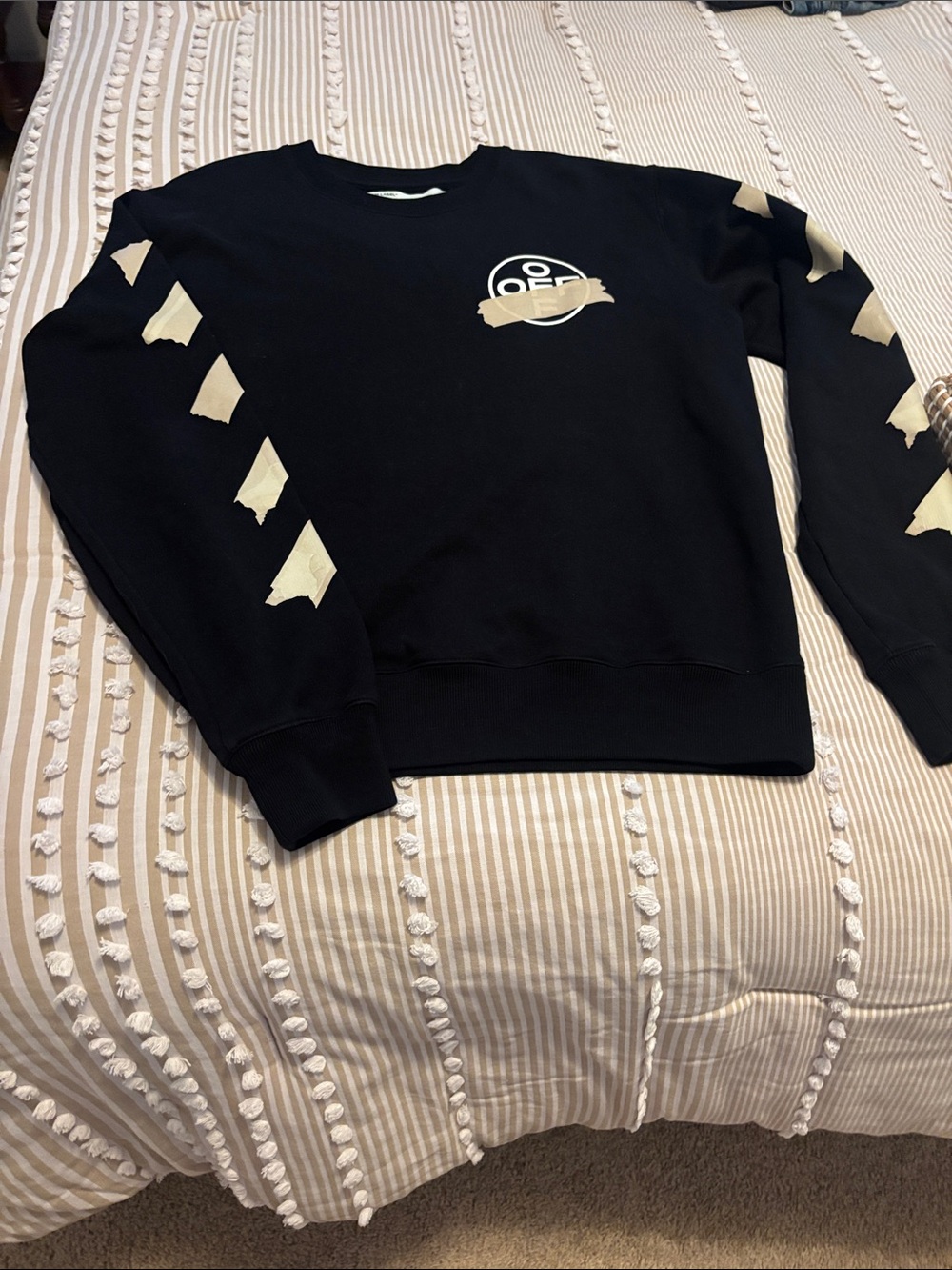 Off-White Black Crewneck with Beige Tape Chevron Details
